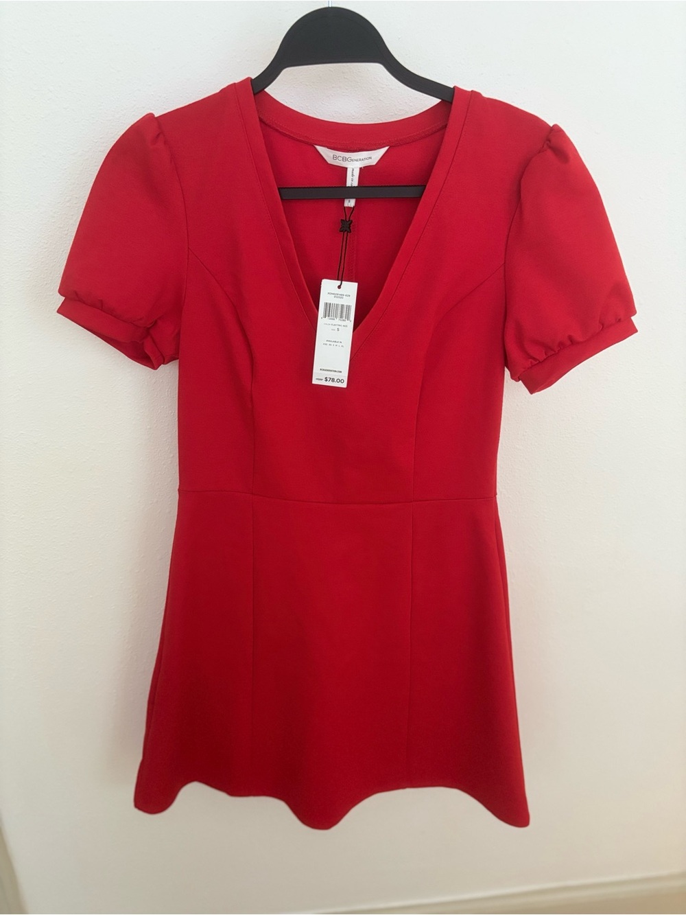 BCBGeneration Red V-Neck Puff Sleeve Mini Dress